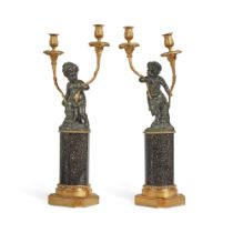 A Pair of Louis XVI Style Gilt-Bronze Mounted Porphyry Two-Light Candelabra after Clodion, Late 19th