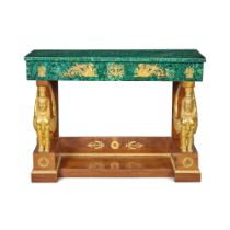 A Russian Neoclassical Style Gilt Bronze Mounted Malachite and Mahogany Console Table, Last Quarter 