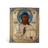 A silver-gilt, cloisonné and champlevé enamel icon of Christ Pantocrator, Dimitri Shelaputin, Moscow