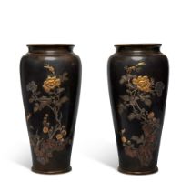 A Pair of Japanese Bronze and Mixed Metal Vases, Meiji Period, Late 19th Century