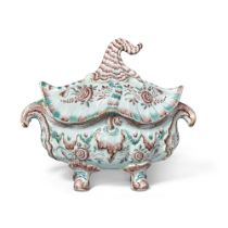 A Dutch Delft Manganese, Green and White Rococo Oval Tureen and Cover, Mid-18th Century