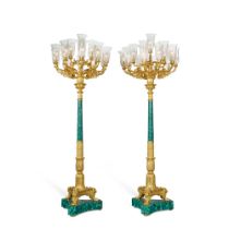 A Pair of Empire Style Gilt-Bronze and Malachite Sixteen-Light Torchères, Attributed to Baldi, Flore