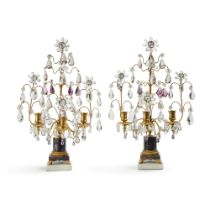 A Pair of Russian Neoclassical Cut-Glass and Amethyst Mounted Gilt-Bronze Three-Light Candelabra, La