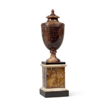 A George III Derbyshire Blue John Urn on a White and Black Marble Stepped Pedestal, Circa 1790