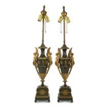 A Pair of Empire Style Patinated and Gilt-Bronze Figural Table lamps, Late 19th Century