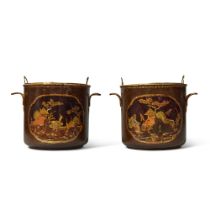 A Pair of Louis XV Gilt and Polychrome Japanned T&#244;le Two-Handled Cache-Pots, Circa 1750