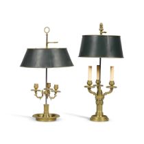 Two French Gilt-Bronze Bouillotte Lamps with Green T&#244;le Shades, 19th Century