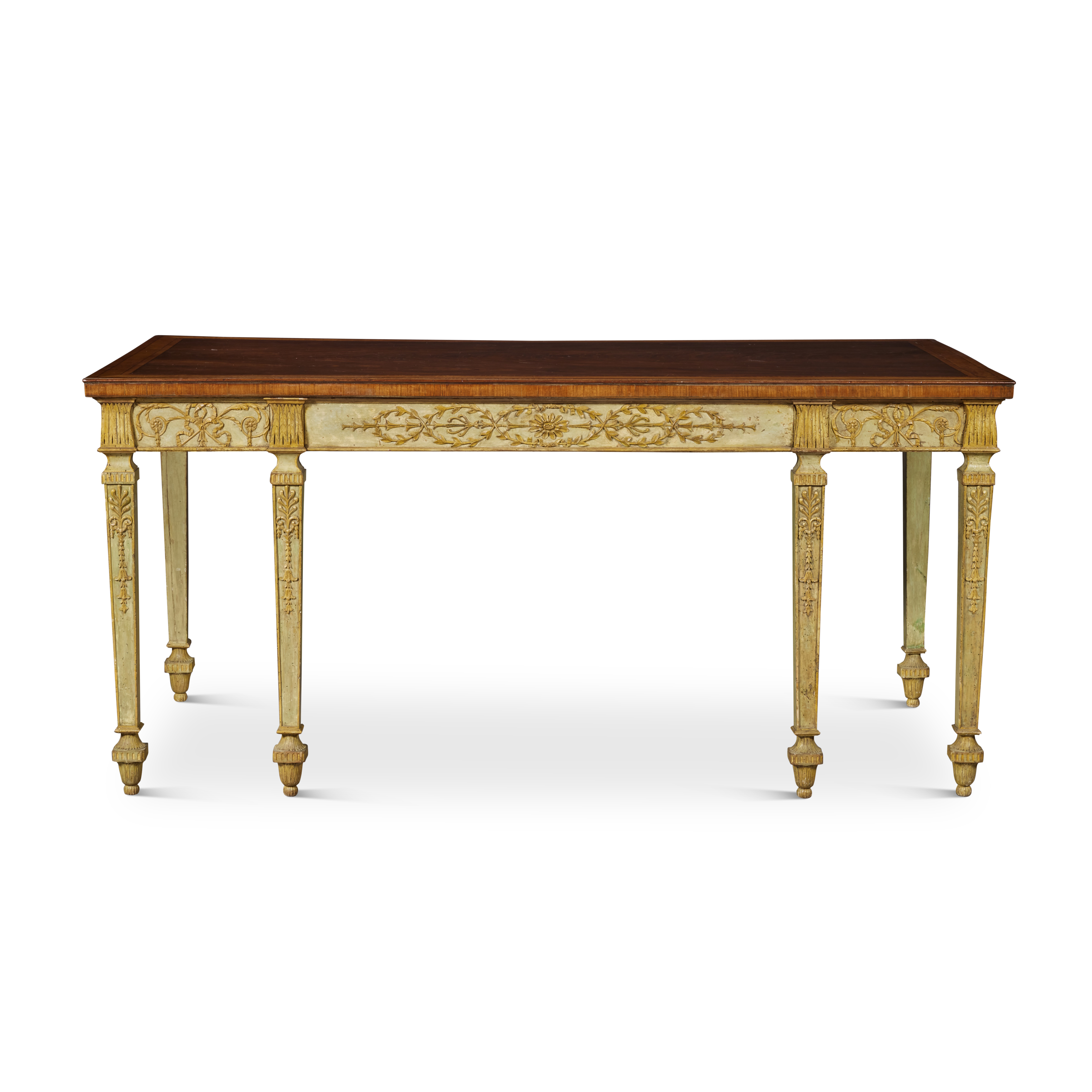 A George III Green Painted and Parcel-Gilt Side Table with a Satinwood and Tulipwood-Banded Sabicu T