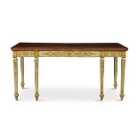 A George III Green Painted and Parcel-Gilt Side Table with a Satinwood and Tulipwood-Banded Sabicu T
