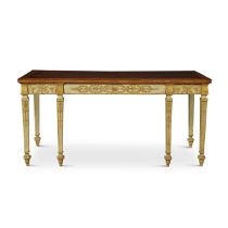 A George III Green Painted and Parcel-Gilt Side Table with a Satinwood and Tulipwood-Banded Sabicu T