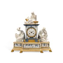 A Louis XVI Gilt-Bronze Mounted Blue and White Jasperware Biscuit Sculptural Mantel Clock, the dial