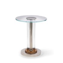 A Glass, Chrome and Mahogany Occasional Table