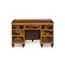 A Regency Brass-Mounted Gilt and Black Japanned Satinwood-Inlaid Mahogany Pedestal Desk, Circa 1810