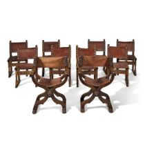 A Pair of Italian Renaissance Style Carved Walnut Savonarola Chairs, Late 19th Century