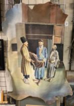 OIL ON SHEEP SKIN - 3 MEN TALKING - SIGNED FRONT & BACK IRANIAN 109CMS X 89CMS