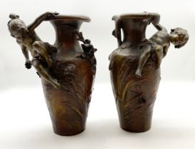 A PAIR OF METAL ART NOUVEAU VASES, 19/20TH C. AFTER AUGUSTE MOREAU (1834-1917) A/F