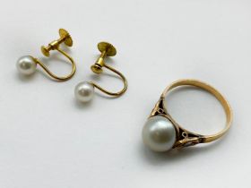 9CT GOLD PEARL & DIAMOND RING AND 9CT GOLD EARRINGS