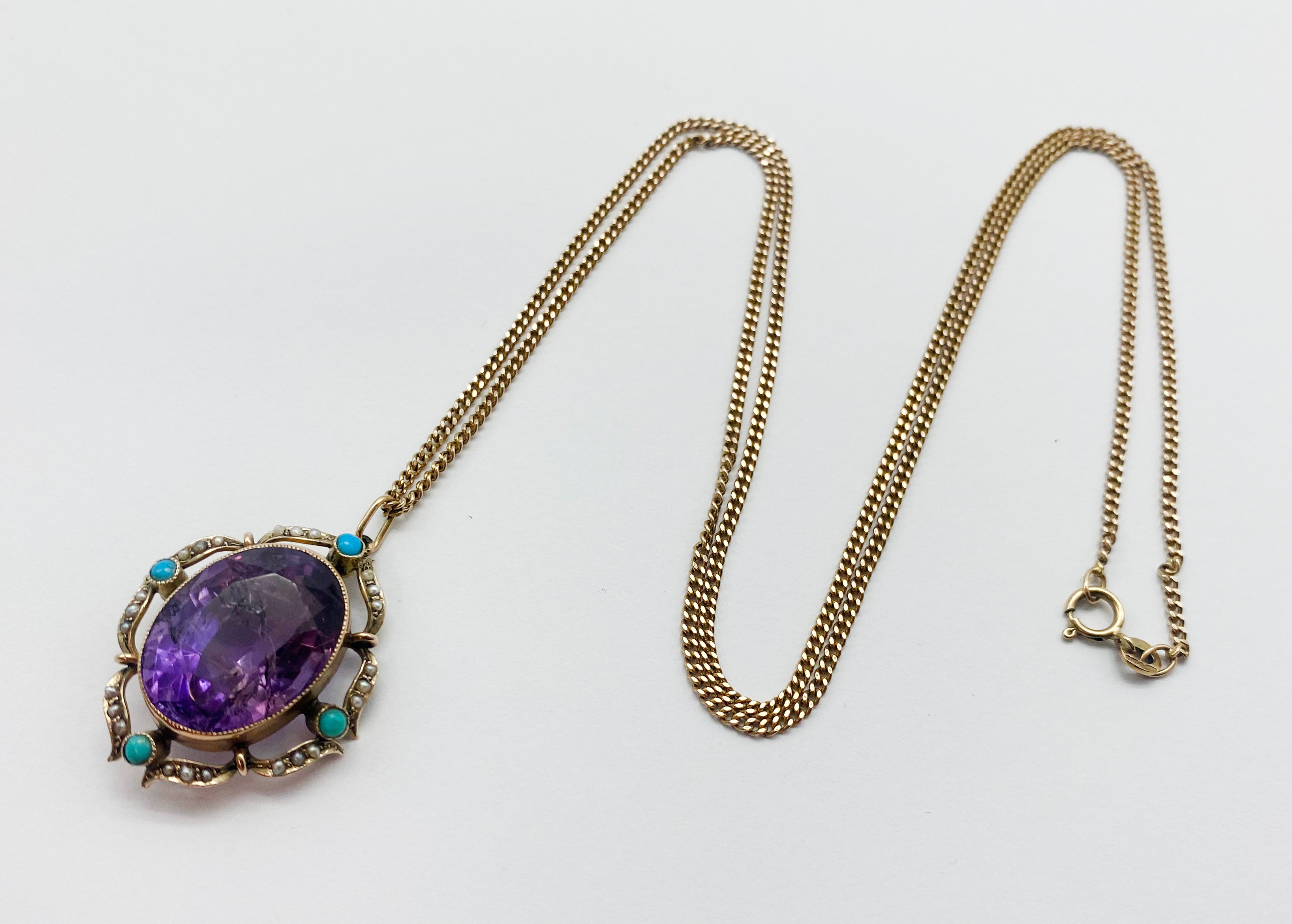9CT GOLD AMETHYST, TURQUOISE & SEED PEAL PENDANT AND CHAIN