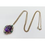 9CT GOLD AMETHYST, TURQUOISE & SEED PEAL PENDANT AND CHAIN