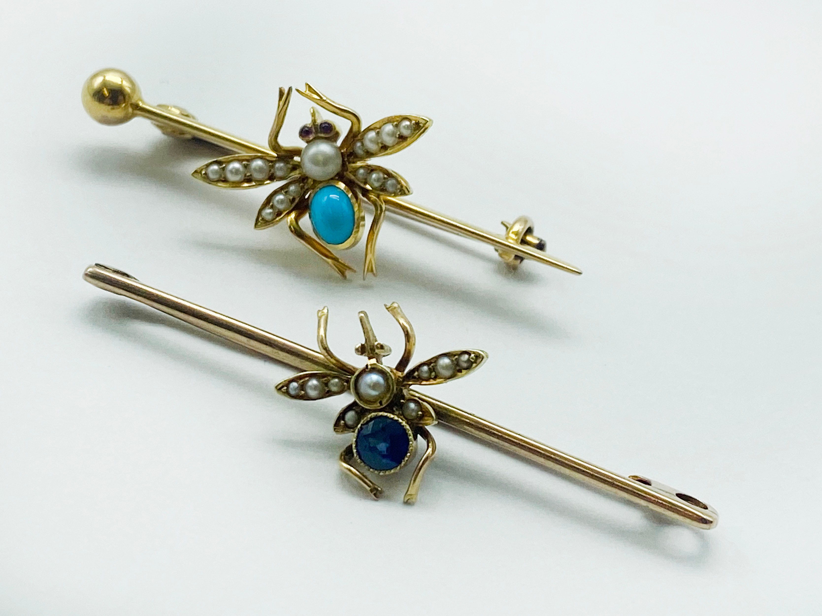 TWO 9CT GOLD SEED PEARL & TURQUOISE BAR BROOCHES