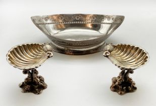 PAIR OF SHELL COMPORTS WITH A SHEFFIELD PLATE FRUIT DISH