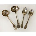 2 GEORGIAN HM SILVER DESERT SPOONS & 2 HM SILVER SAUCE LADLES - 3 IMP OZS APPROX