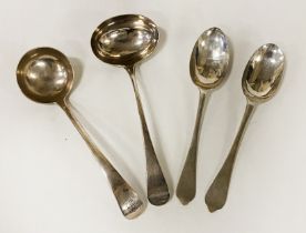 2 GEORGIAN HM SILVER DESERT SPOONS & 2 HM SILVER SAUCE LADLES - 3 IMP OZS APPROX