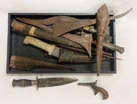 TRAY OF EARLY DAGGERS & LADIES FLOBAR PISTOL