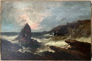 JOHN HOLLAND SEN (1799-1879). OIL ON CANVAS “A WRECK ON THE CORNISH COAST”. SIGNED AND TITLED.