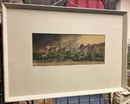 LANDSCAPE URBAN SCENE BY THE RIVER SIGNED ''BEWICK'' 19.5CMS (H) X 47.5CMS (W) APPROX