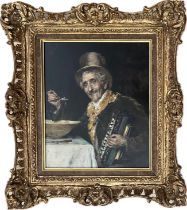 FEDERICO ANDREOTTI (1847-1930) ITALIAN. OIL ON CANVAS. “A MUSICIAN ENJOYING A MEAL”. SIGNED.