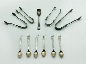 SILVER SPOONS AND SUGAR TONGS