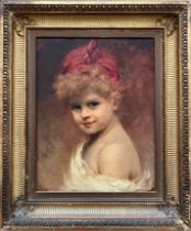 ANTONIA DE BANUELOS THORNDIKE (1856-1921) FRENCH OIL ON CANVAS “A YOUNG GIRL WITH RED SCARF” SIGNED