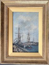 FREDERIC JACQUES SANG (1846-1931) FRENCH. OIL ON BOARD. “DOCKS AT SUNDERLAND”. SIGNED.