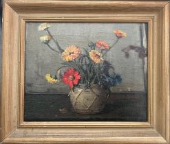 CANADIAN SCHOOL 20TH CENTURY OIL ON CANVAS. “STILL LIFE OF FLOWERS IN A STONE POT”.