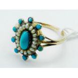 9CT GOLD SEED PEARL & TURQUOISE RING