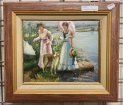 AFTER VLADIMIR PETROV OIL ON CANVAS - LADIES BY THE RIBER 26CM X 22CM