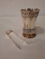 HM SILVER ART NOUVEAU WINE GOBLET & STERLING SILVER TONGS - 8 OZS APPROX