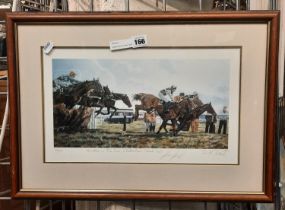 SIGNED RACING PRINT: ''HURDLERS IN THE SUN'' CHELTENHAM - (FOREST SUN) SIGNED JIM FROST (JOCKEY) &