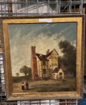 EARLY FRAMED OIL ON CANVAS - RURAL COTTAGE SCENE WITH PEOPLE IN FOREGROUND - JOHN CROME SNR (OLD