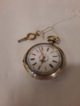 HM SILVER & ENAMEL POCKET WATCH & KEY (ENAMEL A/F)