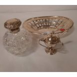 STERLING SILVER PIERCED DISH, SILVER TYG & SILVER & CUT GLASS PERFUME BOTTLE