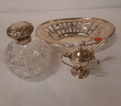 STERLING SILVER PIERCED DISH, SILVER TYG & SILVER & CUT GLASS PERFUME BOTTLE