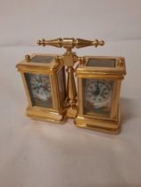 GILT PORCELAIN DOUBLE MINI CARRIAGE CLOCK