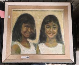 PORTRAIT OF 2 GIRLS OIL ON BOARD 63CMS X 56CMS WITH FRAME