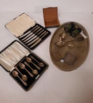 TWO SILVER SPOONS, NAPKIN RINGS & 2 SILVER CASED SETS AND OTHER ITEMS