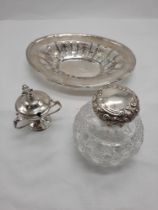 STERLING SILVER PIERCED DISH, SILVER TYG & SILVER & CUT GLASS PERFUME BOTTLE - 12 OZS (EXCLUDING