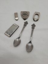 FOUR MONEY CLIPS INCL. SOME SILVER WITH TWO ROLEX BUCHERER TEASPOONS