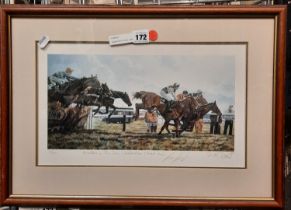 SIGNED RACING PRINT: ''HURDLERS IN THE SUN'' CHELTENHAM - (FOREST SUN) SIGNED JIM FROST (JOCKEY) &