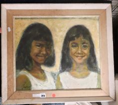 PORTRAIT OF 2 GIRLS OIL ON BOARD 63CMS X 56CMS WITH FRAME